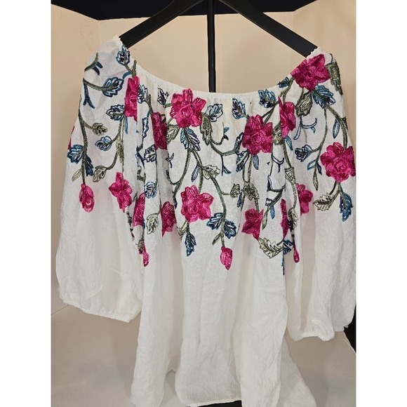 Kindred 3X White Floral Embroidered Off Shoulder Blouse Boho Peasant Top Cottage - Picture 1 of 7